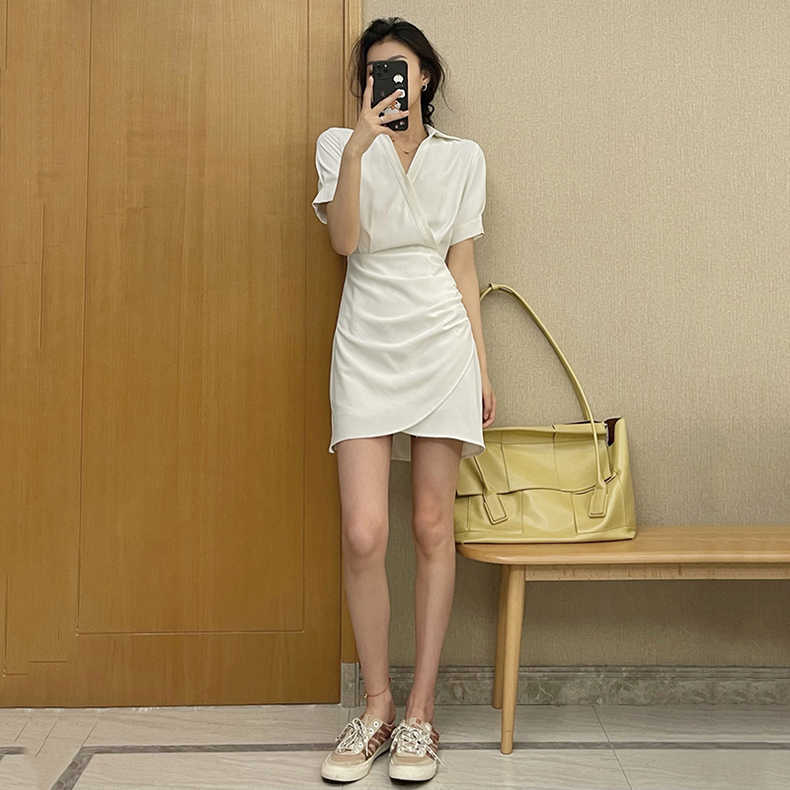 毆膩同款 韓國自訂 夏季設計感不規則褶皺開叉顯瘦襯衫洋裝
