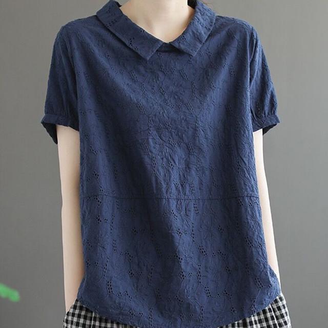鏤空蕾絲文藝復古寬鬆顯瘦娃娃領短袖T恤 法式99支純細支亞麻襯衫