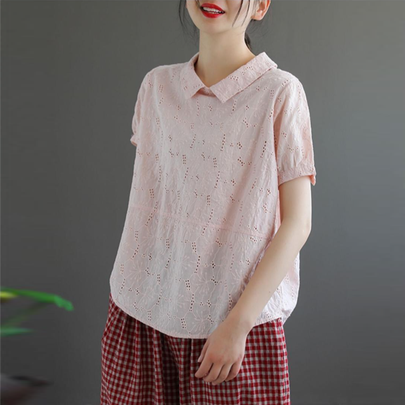 鏤空蕾絲文藝復古寬鬆顯瘦娃娃領短袖T恤 法式99支純細支亞麻襯衫