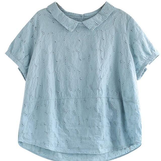 鏤空蕾絲文藝復古寬鬆顯瘦娃娃領短袖T恤 法式99支純細支亞麻襯衫