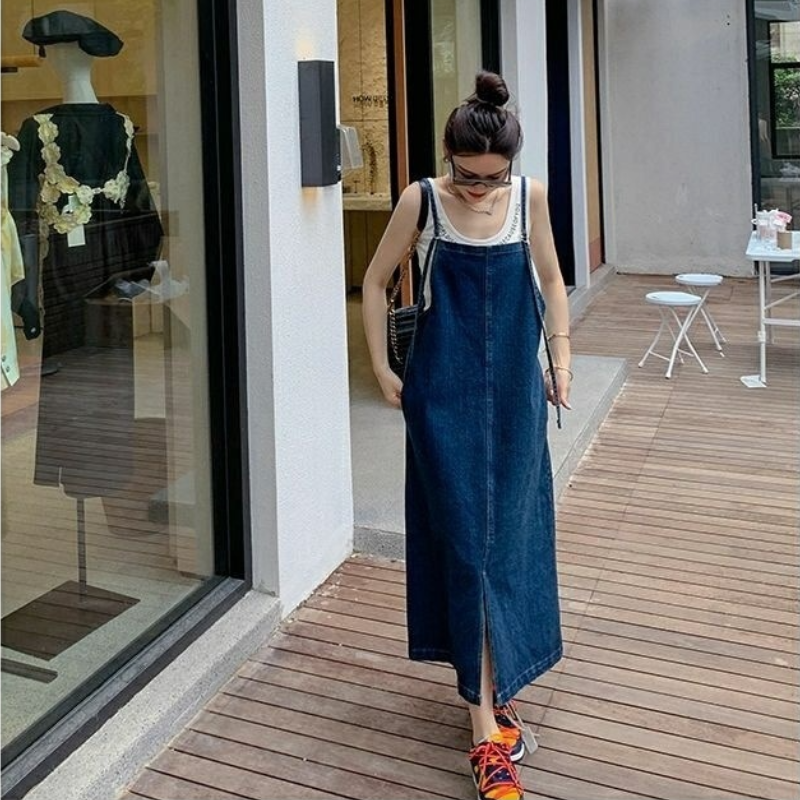 清新韓系 視覺細 無袖 套頭 簡約 素面 休閒 牛仔洋裝