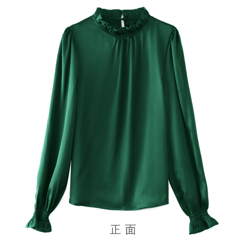 早春壓褶荷葉邊邊襯衫 內搭上衣女緞面歐美內搭上衣溫柔風泡泡袖上衣