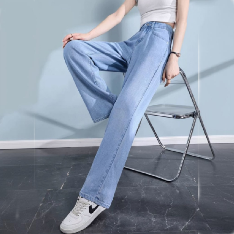 舒服軟糯好感 涼感 天絲牛仔褲 薄款 高腰 寬鬆顯瘦 大尺碼 垂感 直筒 冰絲 闊腿 牛仔褲