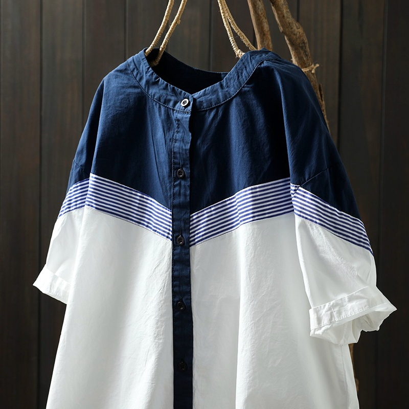 溫柔好感 撞色 拼接 立領 條紋 設計感 寬鬆 休閒 氣質 純棉 短袖 襯衫