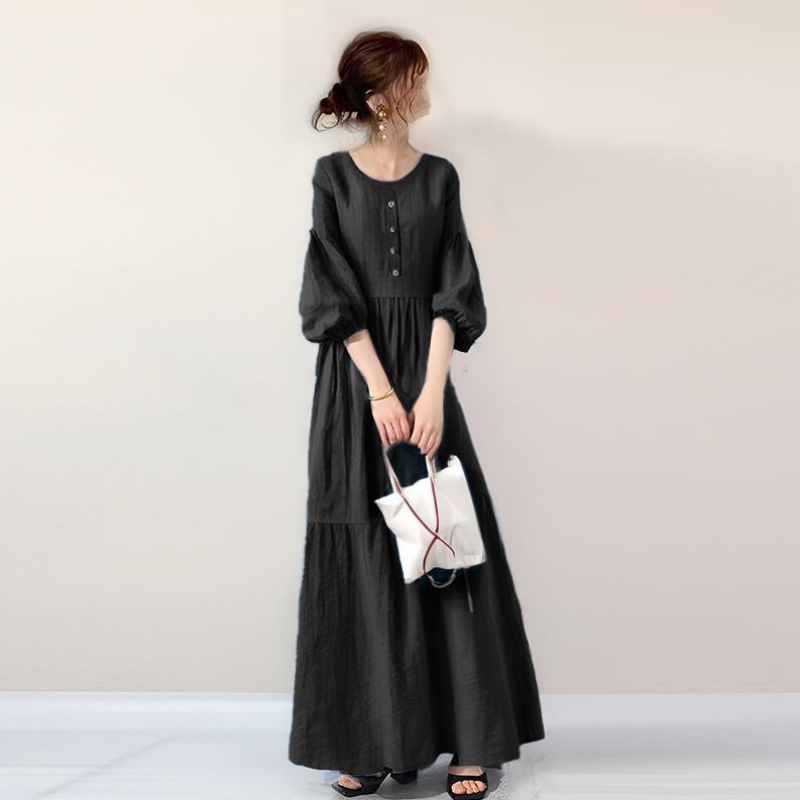 日系 純色顯瘦 燈籠袖 圓領 蛋糕裙 長款 休閒洋裝