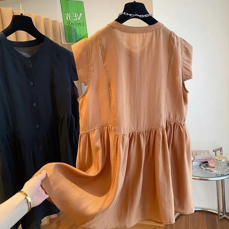 韓版 寬鬆 休閒 輕奢 小眾 天絲 中長下擺 蓬蓬 無袖 襯衫