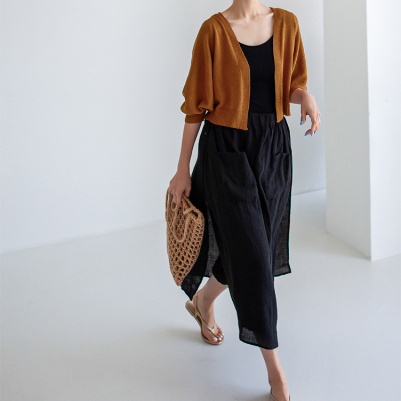 文藝 復古 假兩件 寬鬆 休閒 飄逸 顯瘦 九分 棉麻 開叉褲裙