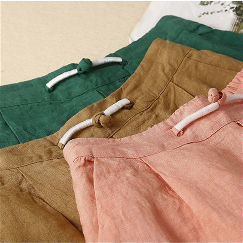 女棉麻五分中褲直筒休閒高腰亞麻寬腿短褲