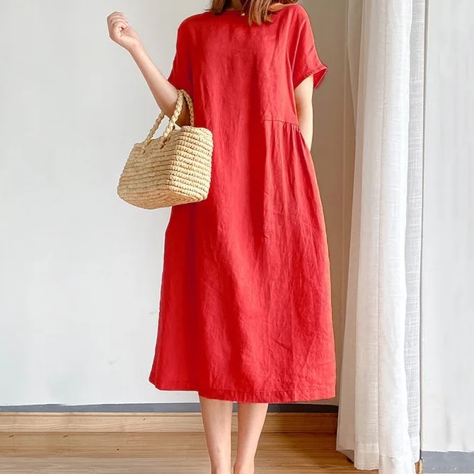 寬鬆大碼短袖洋裝 棉麻減齡可愛娃娃裙寬鬆文藝森系棉質裙子
