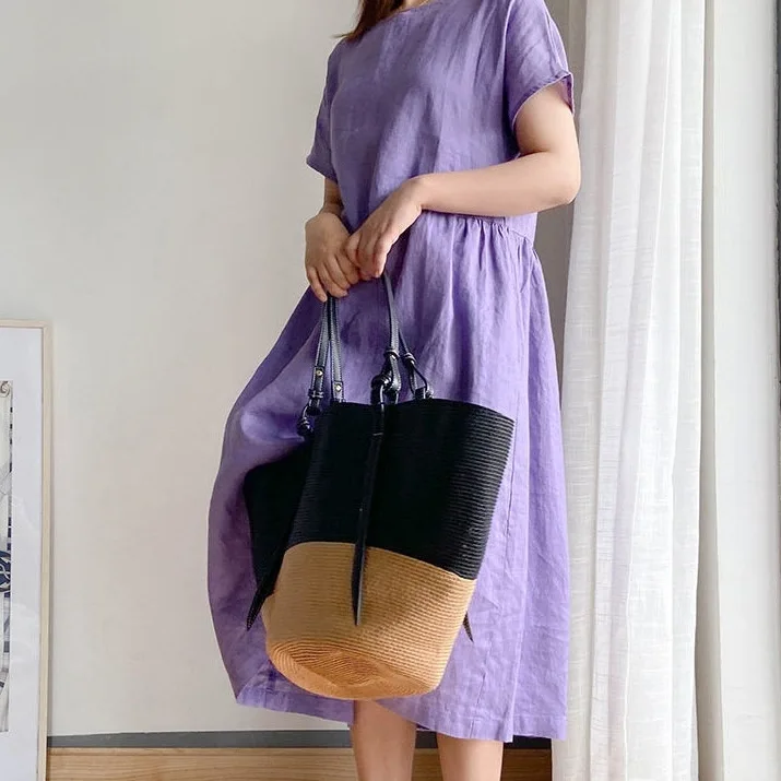 寬鬆大碼短袖洋裝 棉麻減齡可愛娃娃裙寬鬆文藝森系棉質裙子