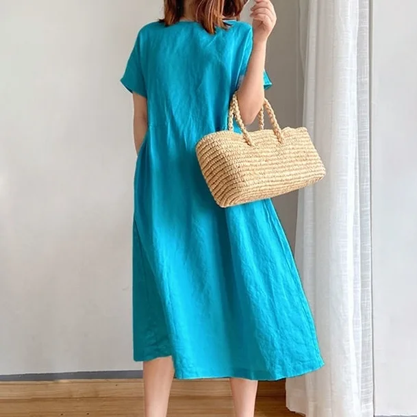 寬鬆大碼短袖洋裝 棉麻減齡可愛娃娃裙寬鬆文藝森系棉質裙子