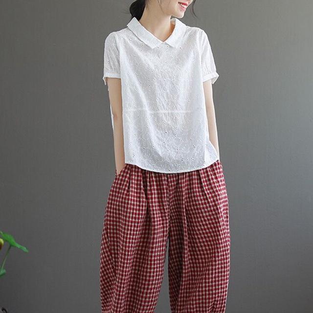 鏤空蕾絲文藝復古寬鬆顯瘦娃娃領短袖T恤 法式99支純細支亞麻襯衫