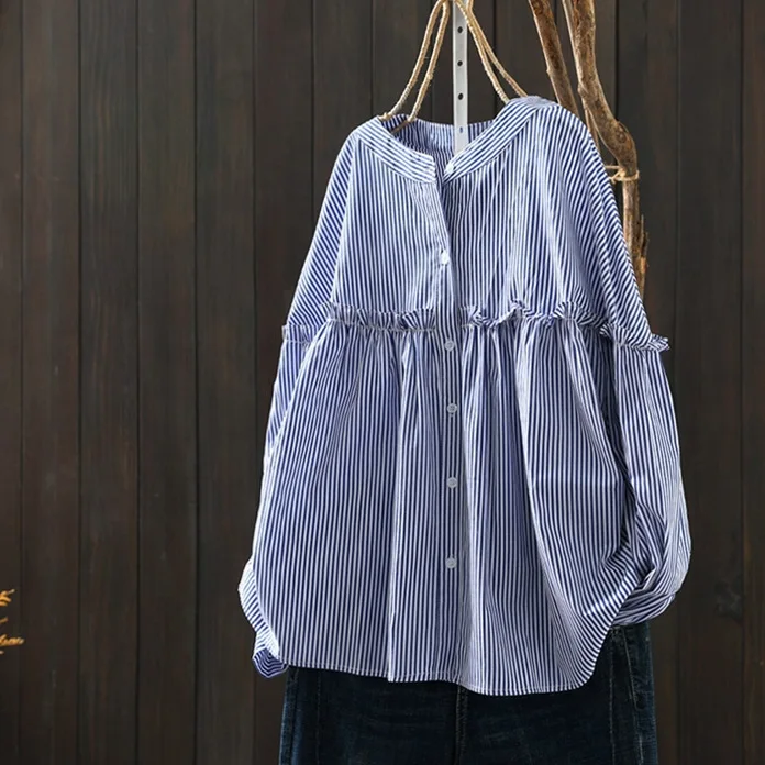 人氣熱銷款 純棉花邊寬鬆襯衫 條紋拼接開衫 設計感長袖木耳邊上身襯衫