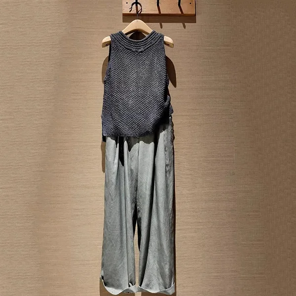 【單品購買】高級時尚氣質兩件套 無袖垂墜感 休閒韓風背心+闊腳寬褲 針織緞面慵懶風穿搭