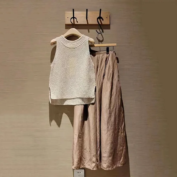 【單品購買】高級時尚氣質兩件套 無袖垂墜感 休閒韓風背心+闊腳寬褲 針織緞面慵懶風穿搭
