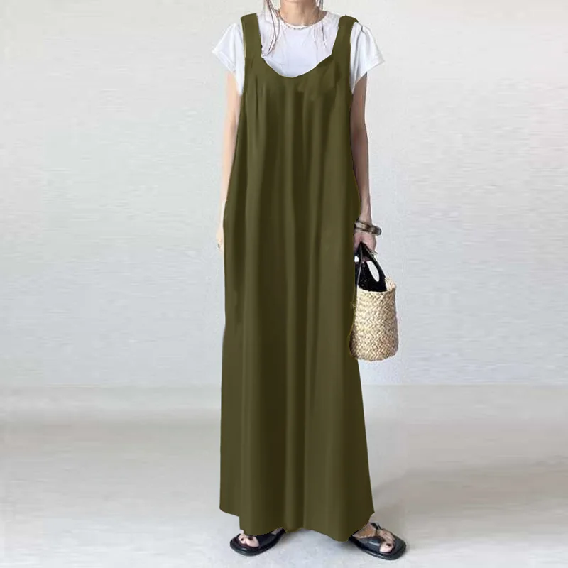 日韓係鬆弛感寬吊帶洋裝 休閒百搭V領長款A字連身裙