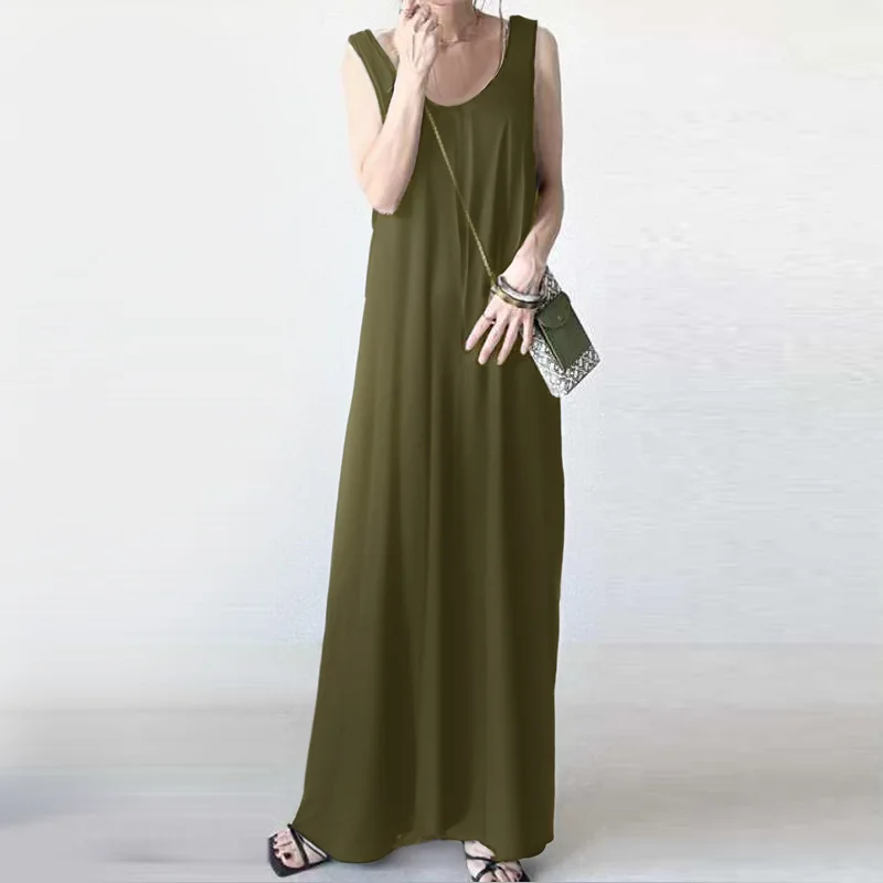 日韓係鬆弛感寬吊帶洋裝 休閒百搭V領長款A字連身裙