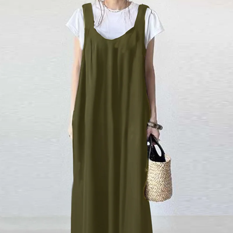 日韓係鬆弛感寬吊帶洋裝 休閒百搭V領長款A字連身裙