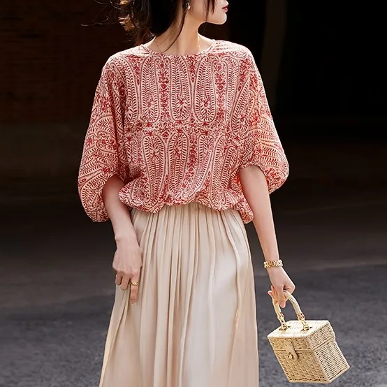 出遊必備 清新 背部蝴蝶結 寬鬆 顯瘦 圓領 七分袖 襯衫