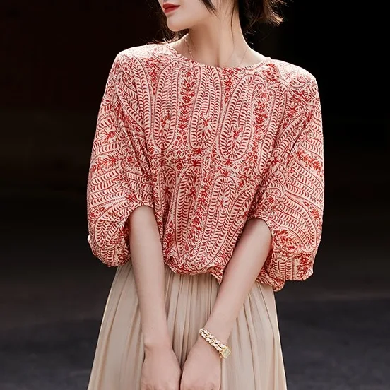 出遊必備 清新 背部蝴蝶結 寬鬆 顯瘦 圓領 七分袖 襯衫