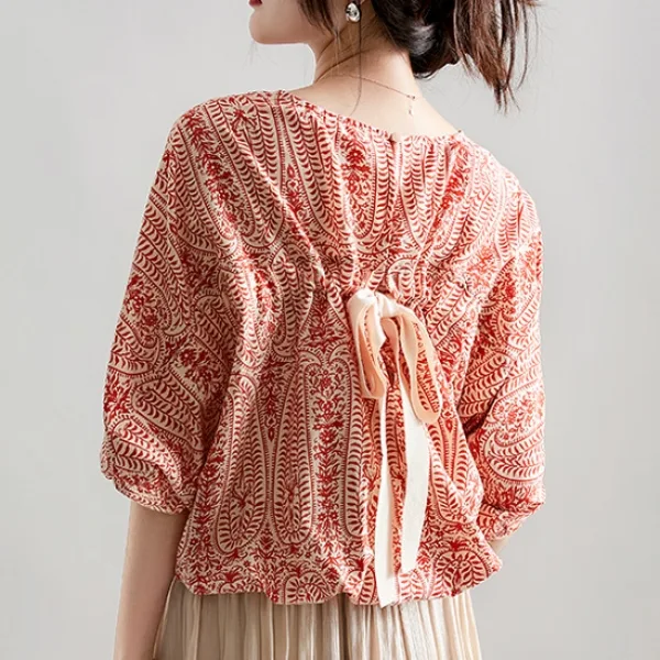 出遊必備 清新 背部蝴蝶結 寬鬆 顯瘦 圓領 七分袖 襯衫