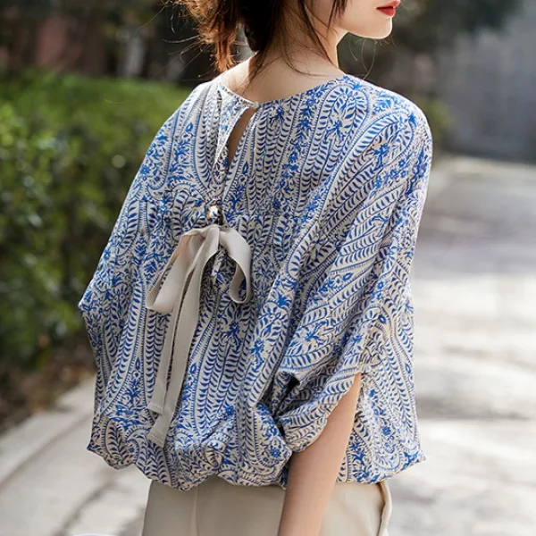 出遊必備 清新 背部蝴蝶結 寬鬆 顯瘦 圓領 七分袖 襯衫