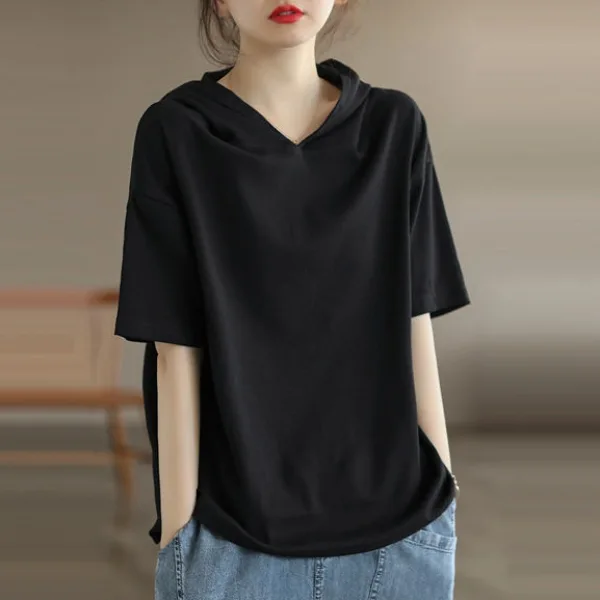 純棉短袖連帽T*6色可選 夏天薄款帶帽打底衫可外穿純色T恤上衣