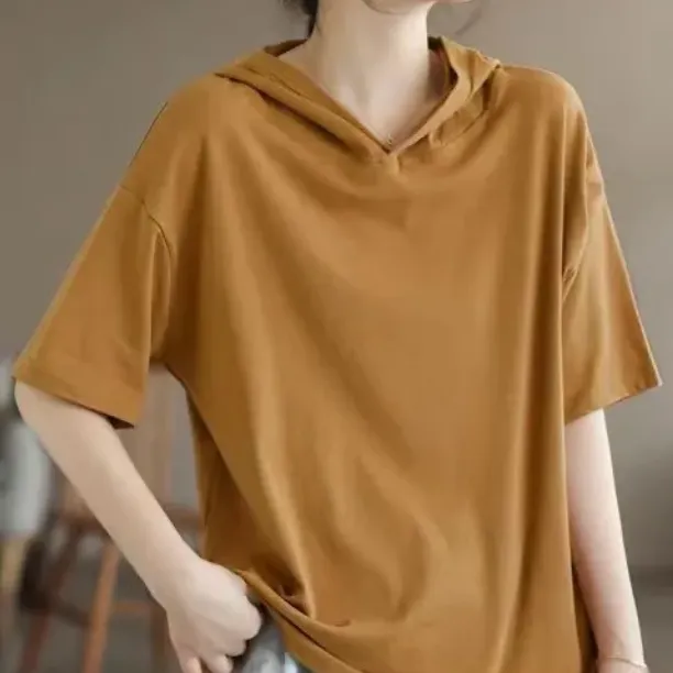 純棉短袖連帽T*6色可選 夏天薄款帶帽打底衫可外穿純色T恤上衣