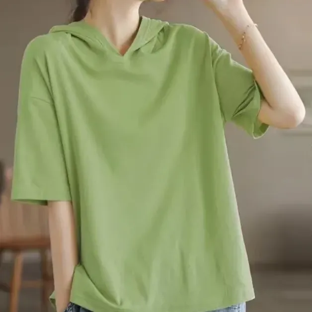 純棉短袖連帽T*6色可選 夏天薄款帶帽打底衫可外穿純色T恤上衣