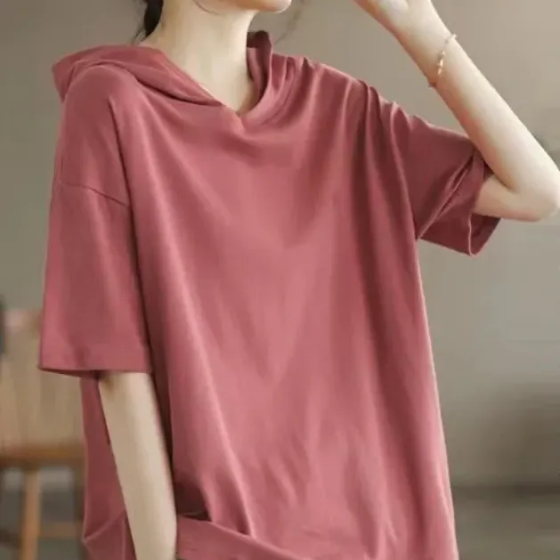 純棉短袖連帽T*6色可選 夏天薄款帶帽打底衫可外穿純色T恤上衣