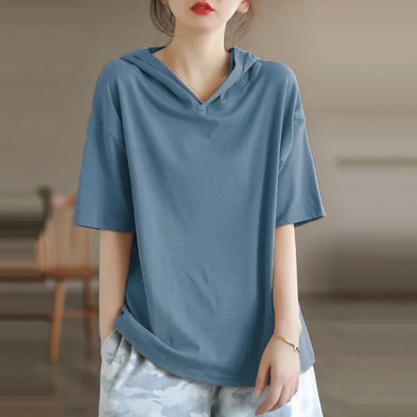 純棉短袖連帽T*6色可選 夏天薄款帶帽打底衫可外穿純色T恤上衣