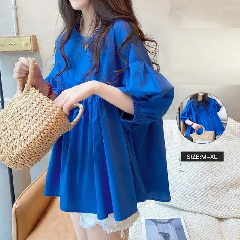 韓版溫柔系 輕甜女孩 藍色圓領 燈籠袖 寬鬆 襯衫