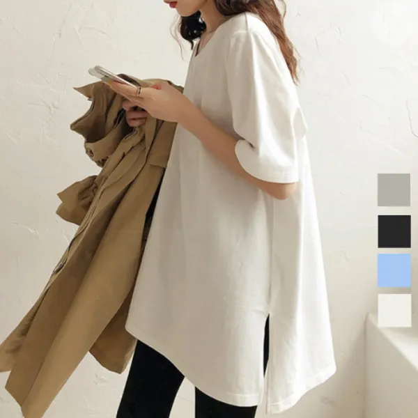 視覺系 休閑 簡約 開叉 套頭 圓領 短袖 素面 遮肉 居家 涼感 T恤