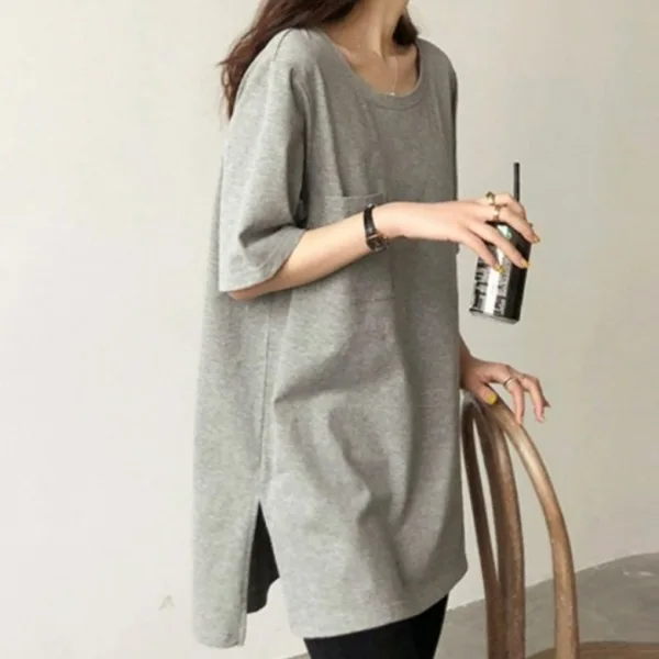 視覺系 休閑 簡約 開叉 套頭 圓領 短袖 素面 遮肉 居家 涼感 T恤