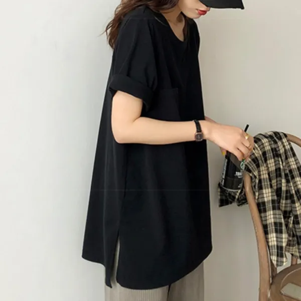 視覺系 休閑 簡約 開叉 套頭 圓領 短袖 素面 遮肉 居家 涼感 T恤