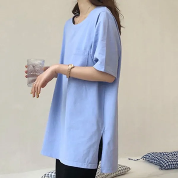 視覺系 休閑 簡約 開叉 套頭 圓領 短袖 素面 遮肉 居家 涼感 T恤