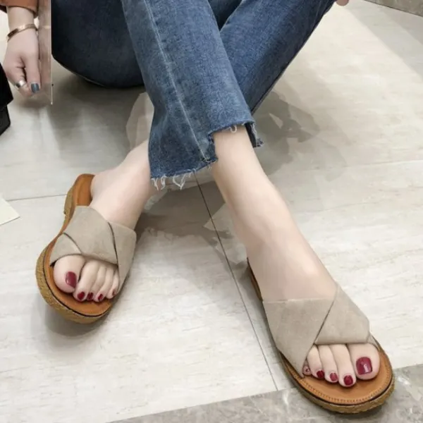 涼拖鞋 休閑 一脚蹬 無内裏 拼接 絨面 平底涼鞋