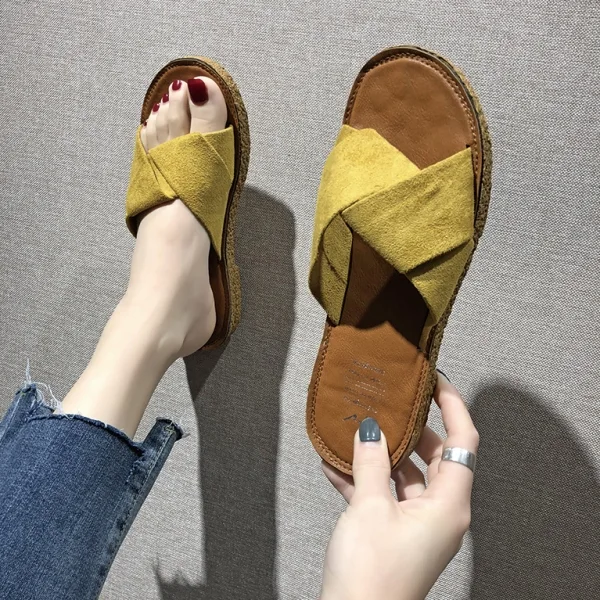 涼拖鞋 休閑 一脚蹬 無内裏 拼接 絨面 平底涼鞋