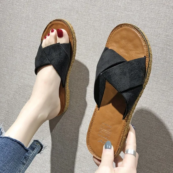 涼拖鞋 休閑 一脚蹬 無内裏 拼接 絨面 平底涼鞋