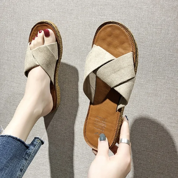 涼拖鞋 休閑 一脚蹬 無内裏 拼接 絨面 平底涼鞋
