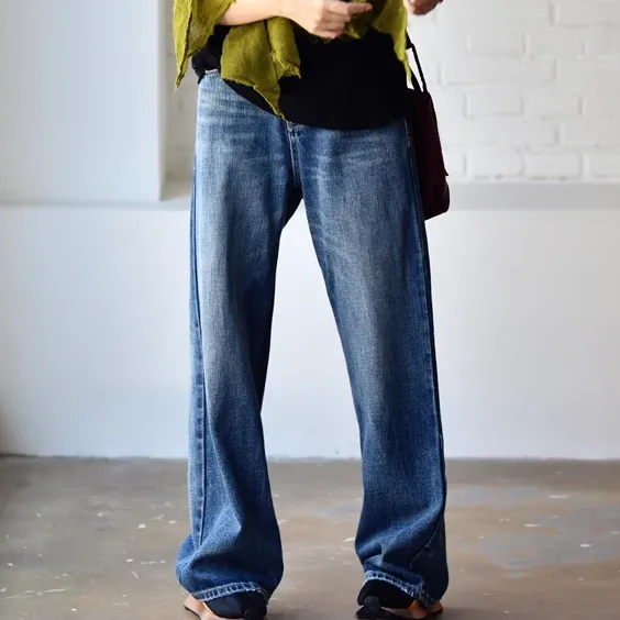日韓高腰闊腳牛仔褲 文藝水洗磨白大長腿高腰 拖地褲寬鬆直筒牛仔長褲