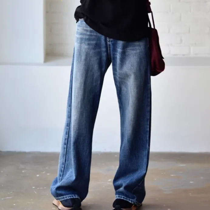 日韓高腰闊腳牛仔褲 文藝水洗磨白大長腿高腰 拖地褲寬鬆直筒牛仔長褲