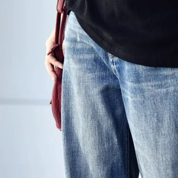 日韓高腰闊腳牛仔褲 文藝水洗磨白大長腿高腰 拖地褲寬鬆直筒牛仔長褲