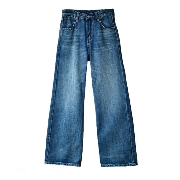 日韓高腰闊腳牛仔褲 文藝水洗磨白大長腿高腰 拖地褲寬鬆直筒牛仔長褲