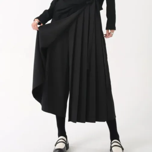 時髦率性 山本暗黑 垂墜感 假兩件 不規則 八分褲 休閒褲 寬褲