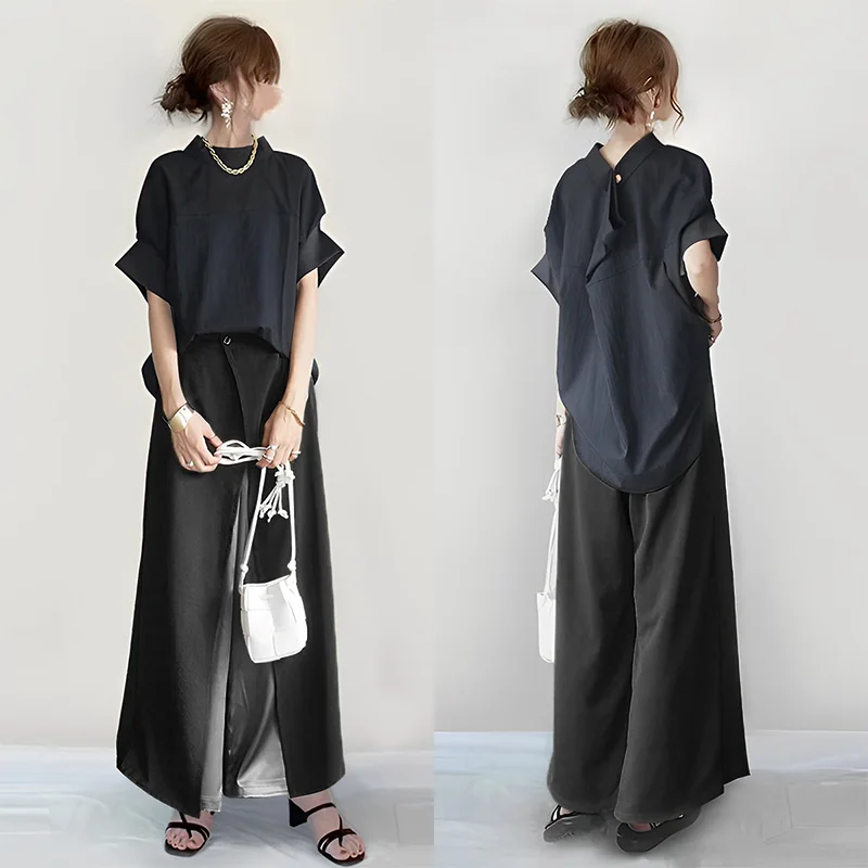 圓領 連肩 拼接 短袖 上衣+拼接 寬褲 兩件套