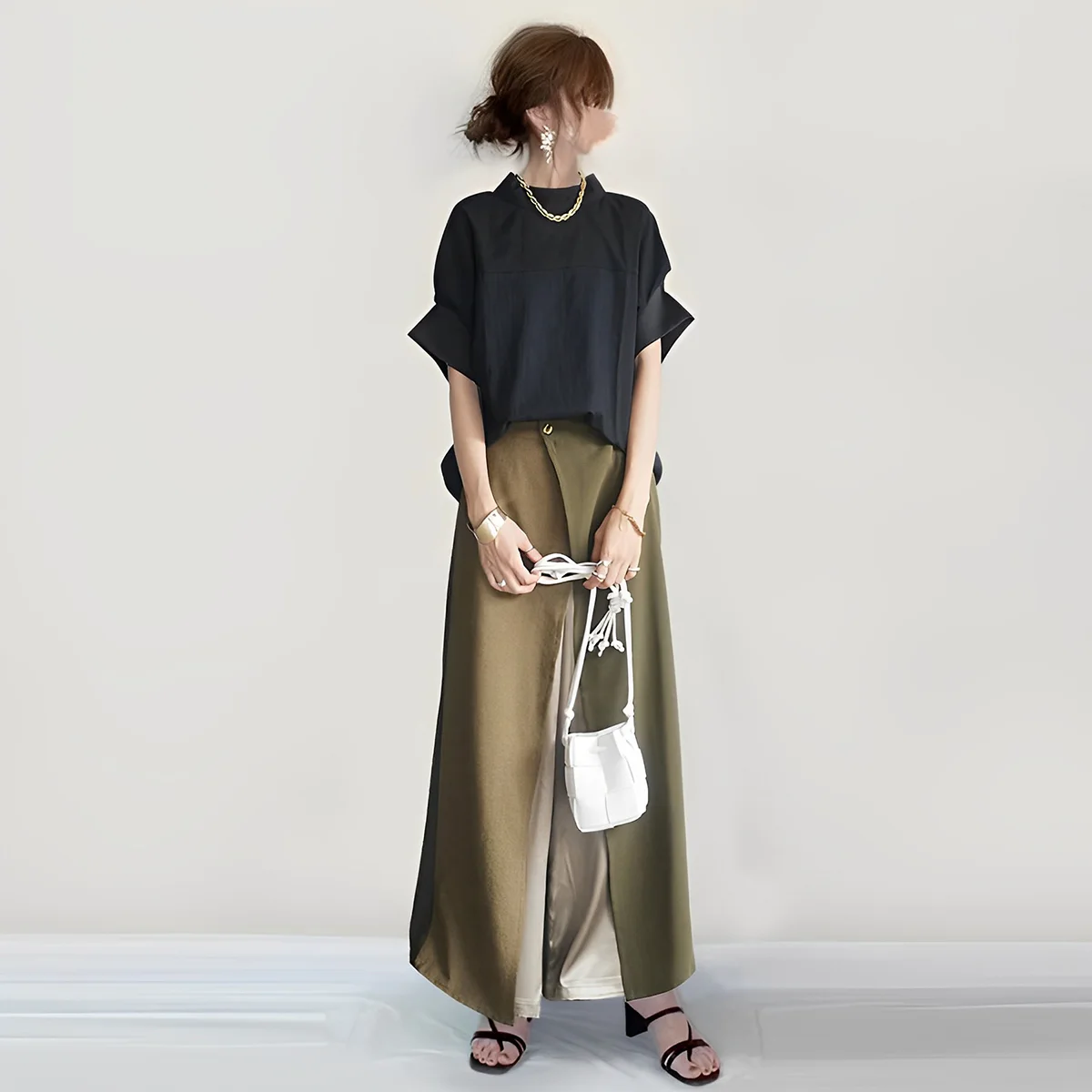 圓領 連肩 拼接 短袖 上衣+拼接 寬褲 兩件套
