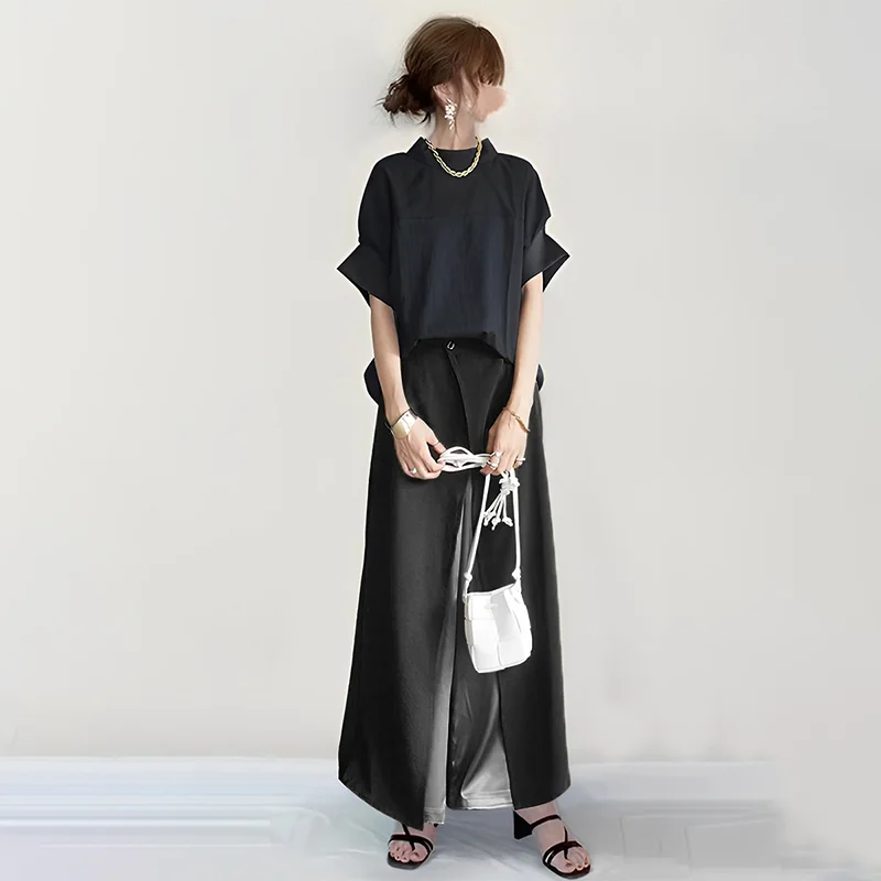 圓領 連肩 拼接 短袖 上衣+拼接 寬褲 兩件套