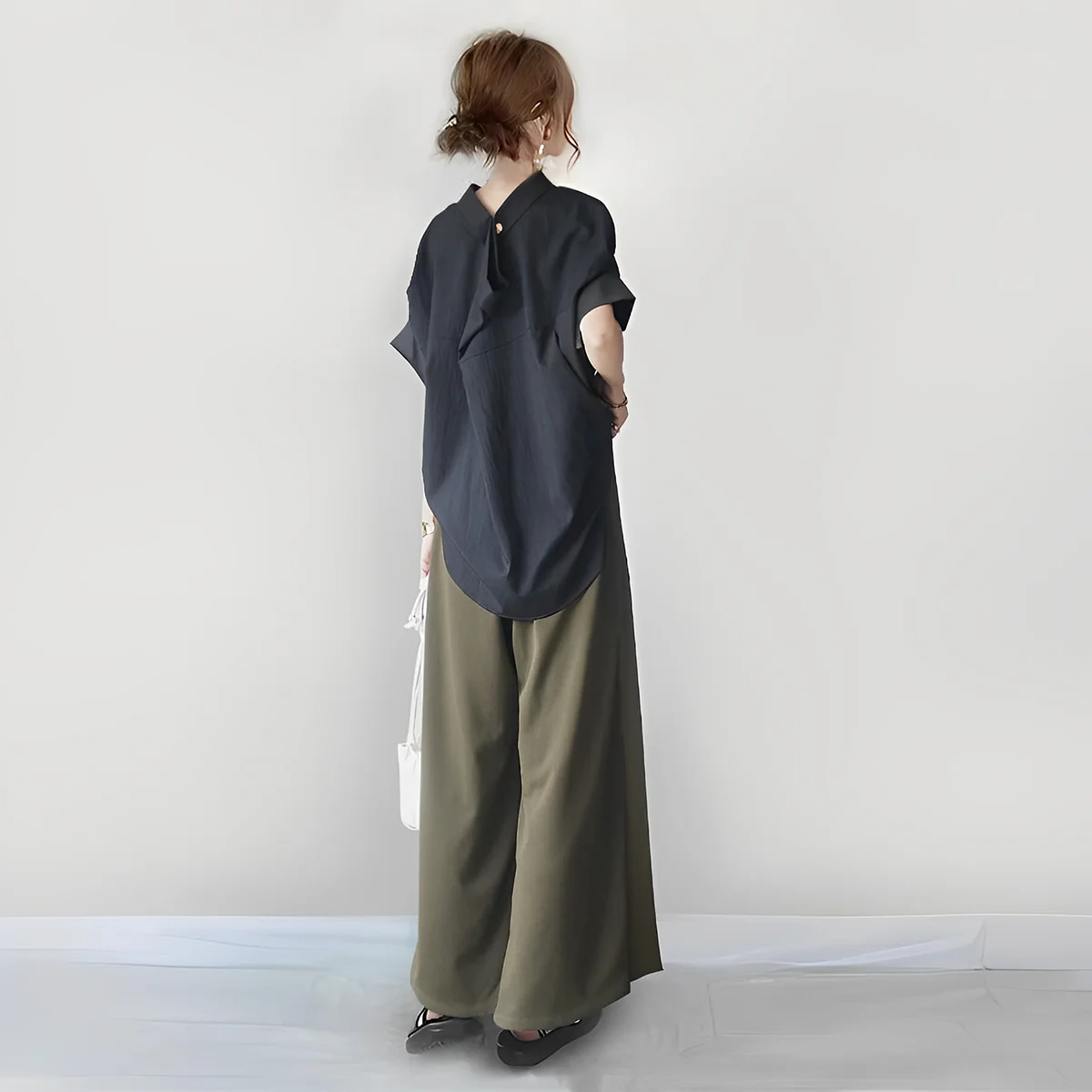 圓領 連肩 拼接 短袖 上衣+拼接 寬褲 兩件套