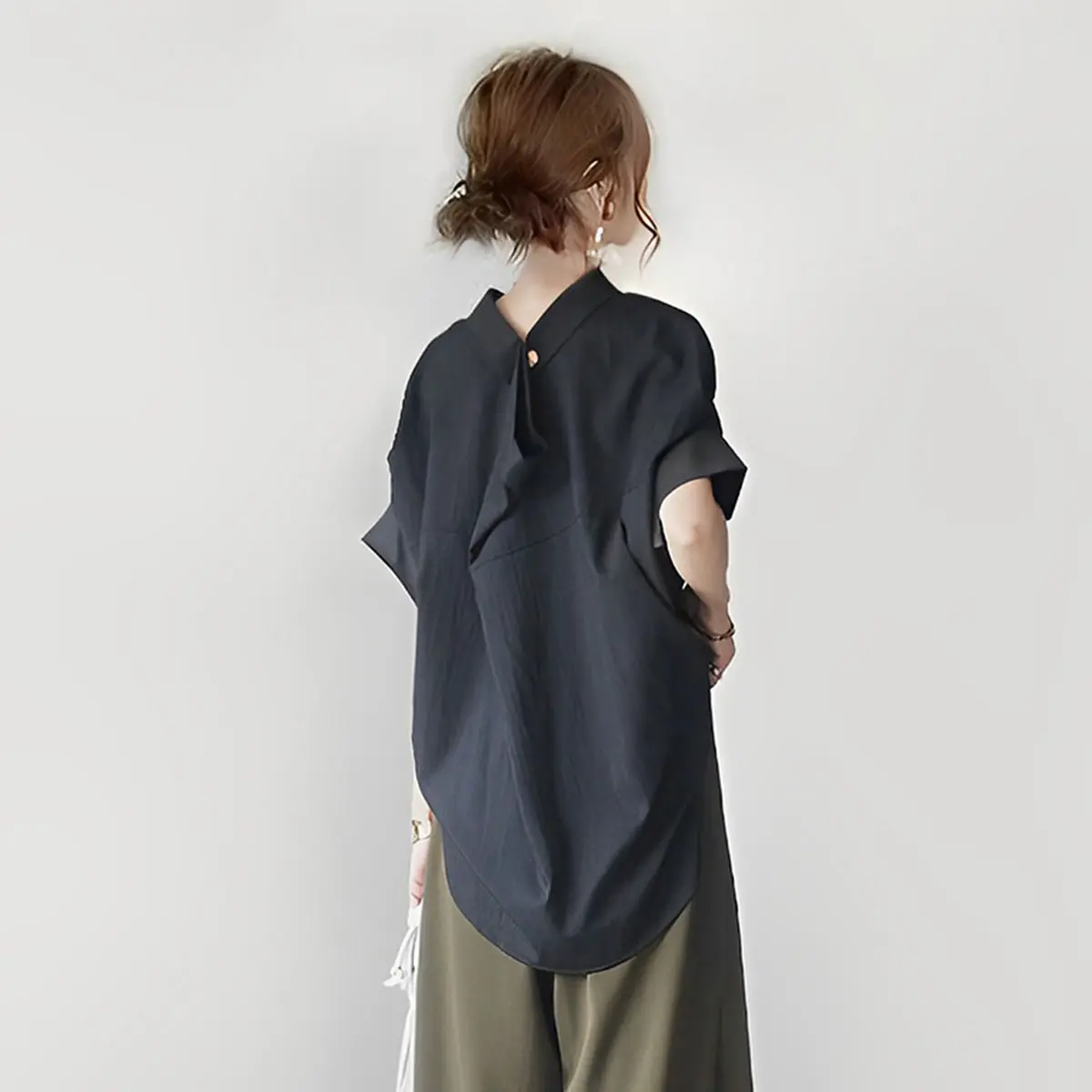 圓領 連肩 拼接 短袖 上衣+拼接 寬褲 兩件套